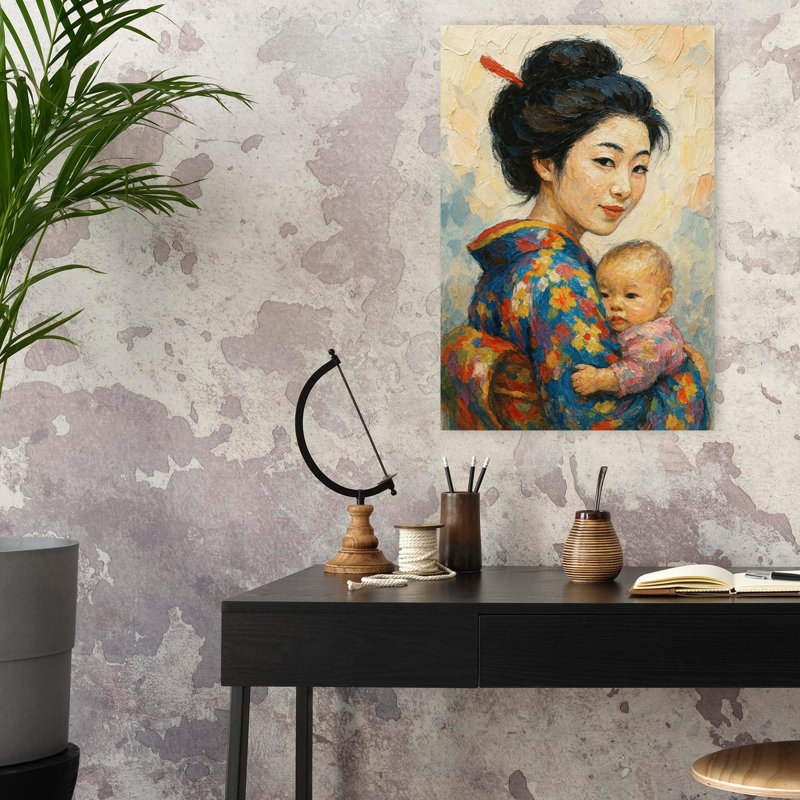Mère en kimono tenant son bébé, portrait abstrait audacieux et coloré, art mural, H 24 po x l 16 po
