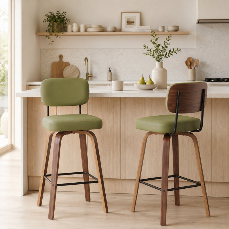Tabouret de bar pivotant rembourré Hesson, hauteur du siège 29,5 po, structure en bois (ensemble de 2), Vert
