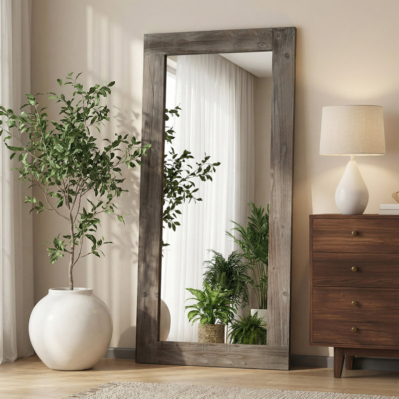71" x 32" Full Length Mirror Solid Wood Wall Mounted Full Body Dressing Mirror with Rustic Distressed Wide Hollow Rectangular Frame