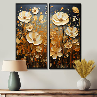Wildflowers Golden Petals Pointillism Dot - Yellow Traditional Canvas Prints 2-Panels