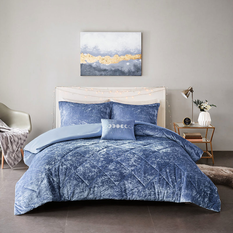 Housse de couette double / grand en velours bleu pervenche avec coussin - attrait pour une touche luxueuse, Bleu