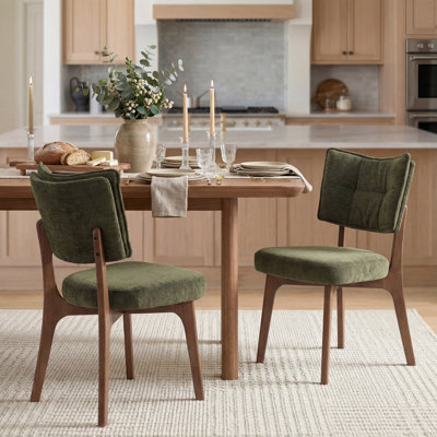 Modern Upholstered Dining Chairs Set of 2, Breathable Olive Green Velvet Fabric, Upholstery, Solid Wood Legs, Upholstered Kitchen Chairs with Curved Padded Backrest