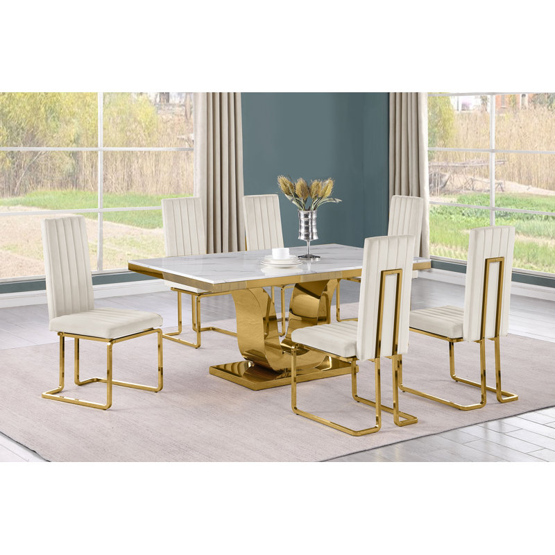 Ensemble de salle à manger rectangulaire en marbre blanc L 66 po x l 38 po Zekiah, Crème, 7