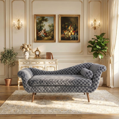 Modern Corduroy Chaise Lounge with Checkered Pattern Upholstery, Scroll Arms, Curved Backrest, Removable Cushion, Solid Birch Wood Legs & Cylindrical Throw Pillow