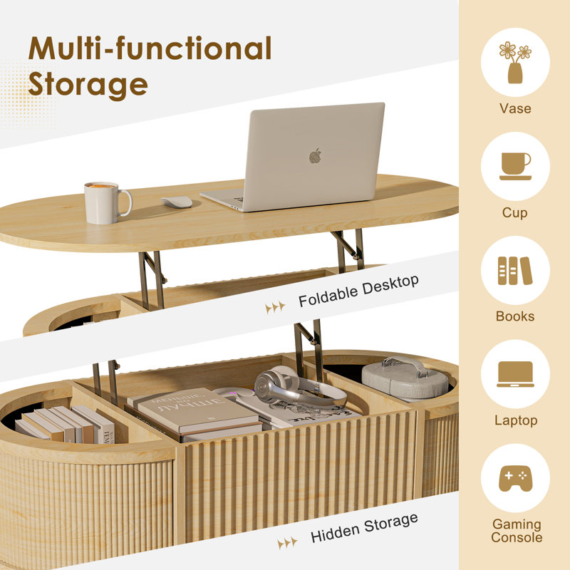 Lyra Lift Top Coffee Table with Storage, Modern Oval Wood Coffee Table, Natural Coffee Table for Living Room,38.6"W x 18.9"D x 18.5"H