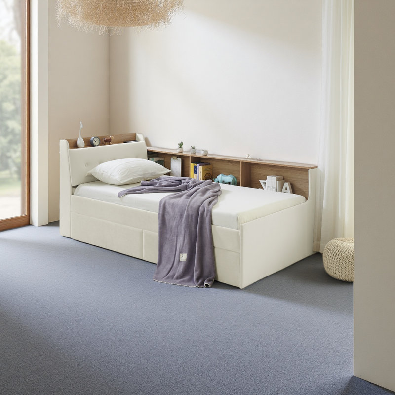 Lit de jour simple en velours rembourré avec tête de lit avec rangement et chargement sans fil, lit de jour multifonctionnel