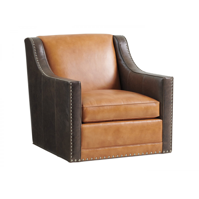 Walnut Brown Leather Accent Chair with Pewter Nail Trim