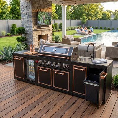 Meuble sous évier de cuisine extérieur avec double poubelle coulissante, poste de préparation pour barbecue en acier inoxydable résistant aux intempéries