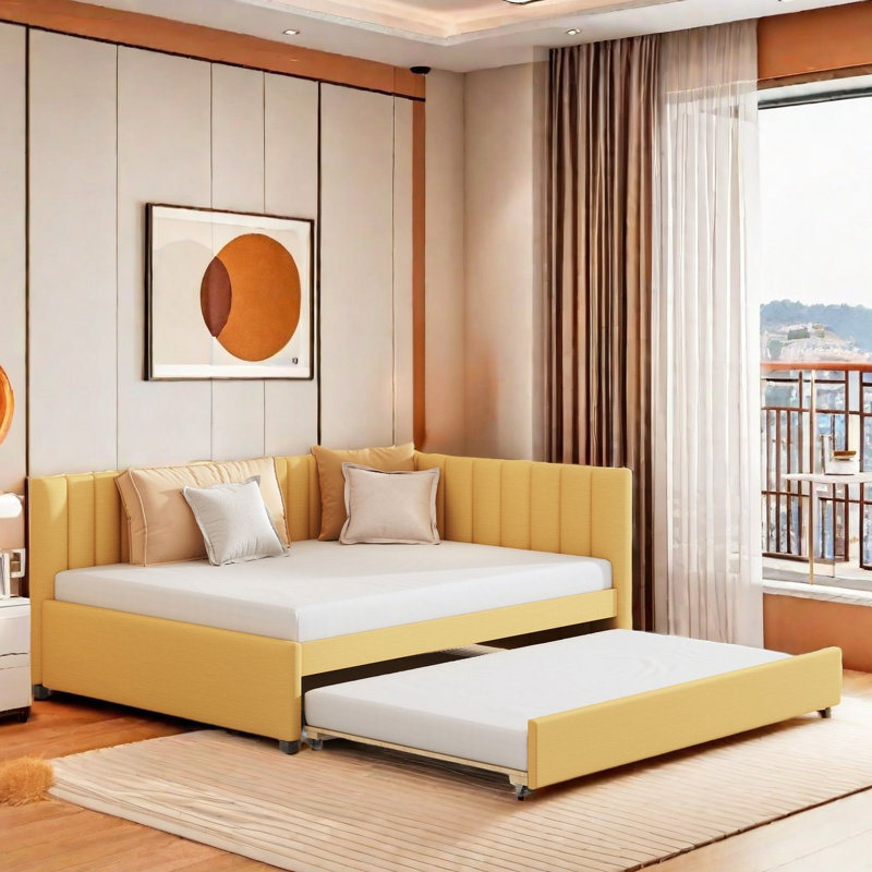 Upholstered Daybed With Pull-Out Trundle, Yellow