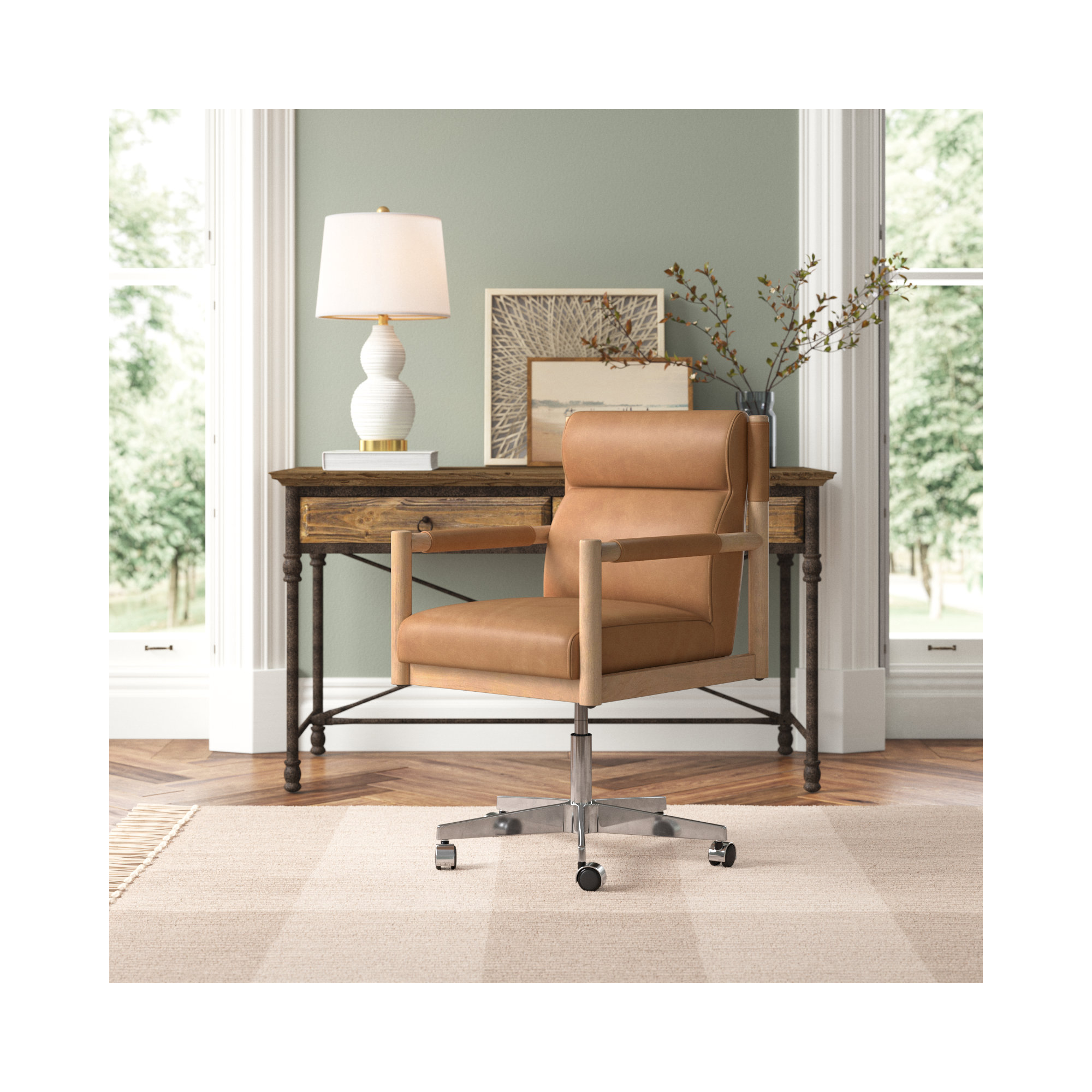 Finn Swivel Office Chair, Light Brown Genuine Leather