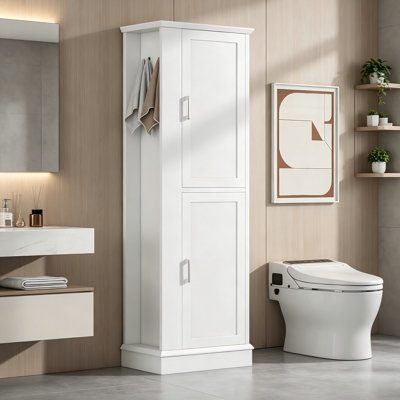  Freestanding Tall Bathroom Storage Cabinet with Hook and Adjustable Shelf