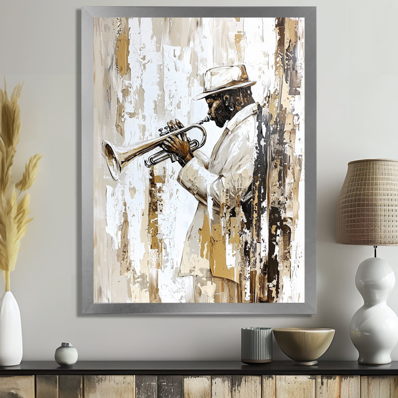 Décoration murale Jazz Trumpeter In The Spotlight II - Music Jazz, H 44 po x l 34 po, Argent argent