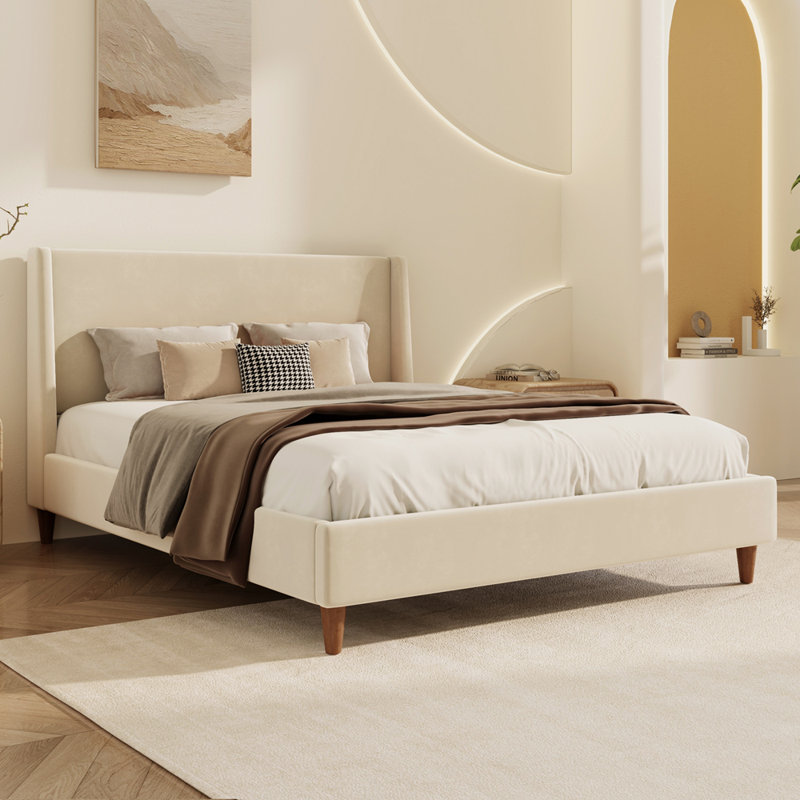 Lit plateforme tapissier sans sommier, Beige, Grand lit
