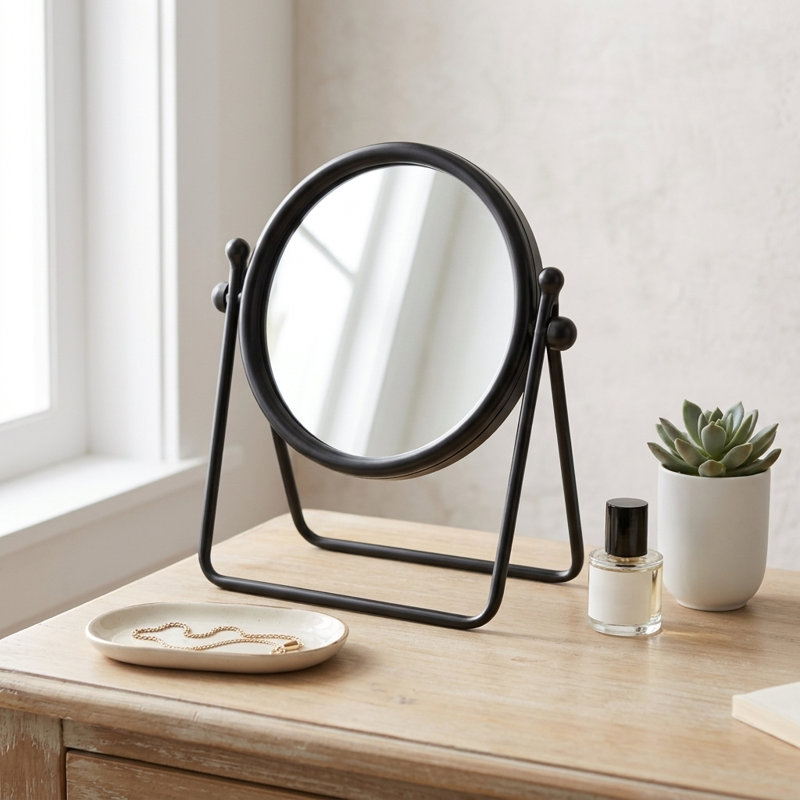 Clarimond Metal Standing Round Table Mirror - Black, Black