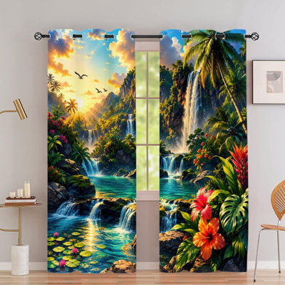 2PCS Grommet Blackout Curtains, Scenic Mountain River Tropical Waterfall Printed Polyester Drapes, Thermal Insulated Noise Reducing Privacy Protection Window Curtains for Bedroom Living Indoor Home Decor