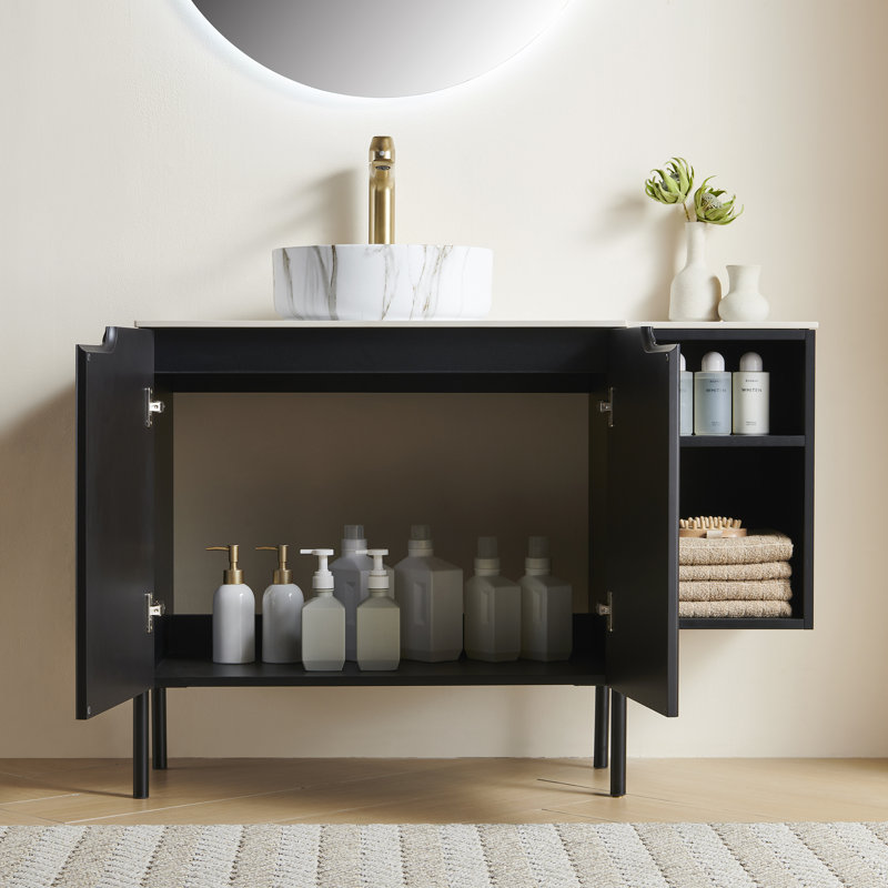 Meuble-lavabo convertible de 42 pouces, autoportant ou mural, avec lavabo à poser, armoire de rangement avec deux portes et une tablette latérale ouverte. Meuble-lavabo complet pour une rénovation de salle de bain moderne.