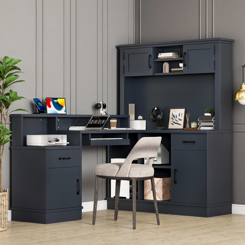 Bureau en L de 76 po avec prises intégrées - 4 armoires, 2 tiroirs, 5 tablettes, hauteur de 54 po, centre de jeu d'angle pour jeux / études, 157 lb