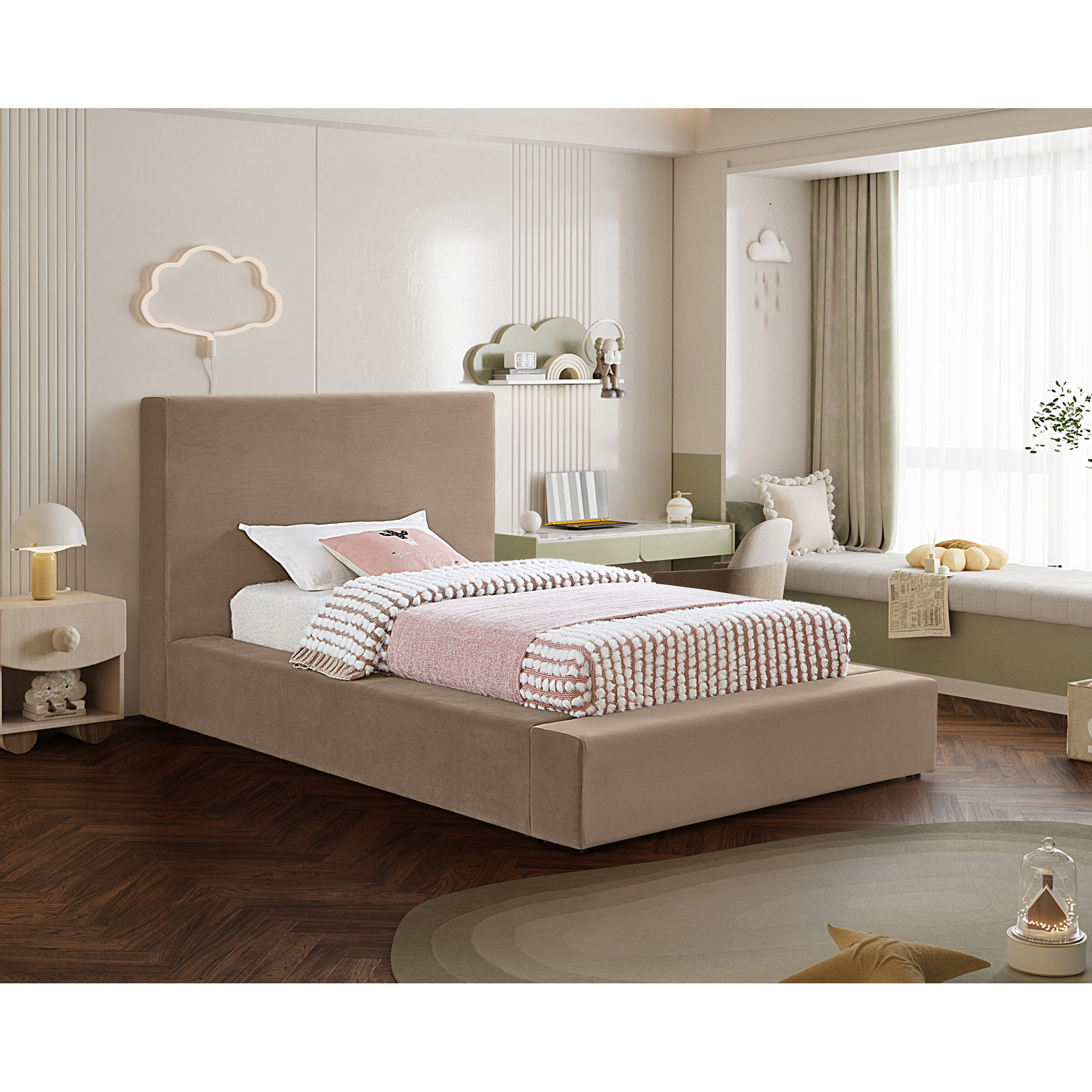 Ishia Upholstered Platform Bed, Twin, Taupe Velvet