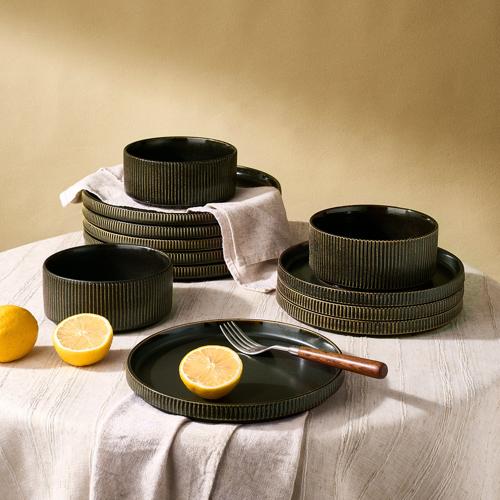 Stoneware Dinnerware Set, Black Gold