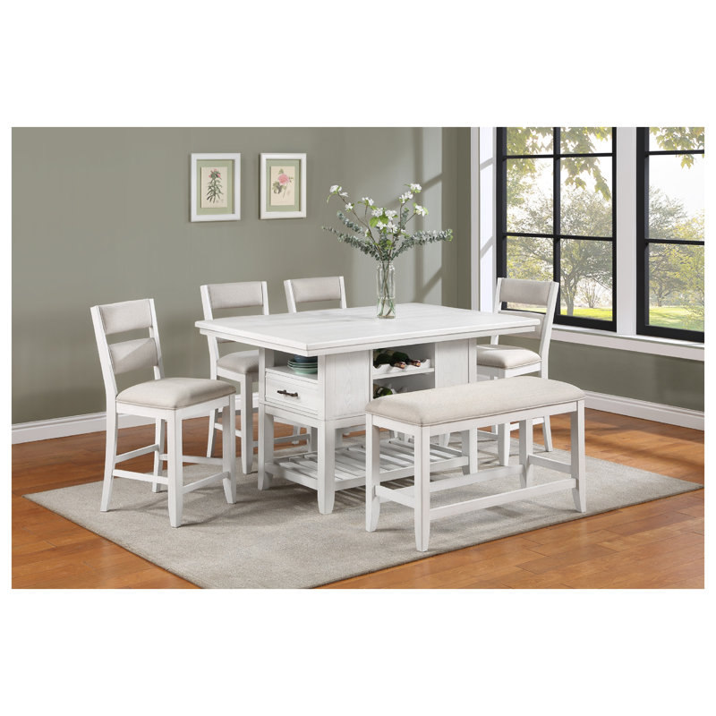Banc de salle à manger à hauteur de comptoir blanc transitionnel avec revêtement en tissu d'aspect lin