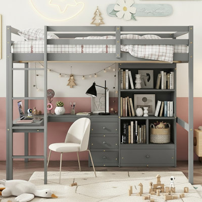 Full Size Wooden Loft Bed With Desk, Storage Shelves, Drawers & Built-in Ladder, High Loft Bed With Guardrails For Kids/teens, Space-saving Bedroom Fu by Hokku Designs