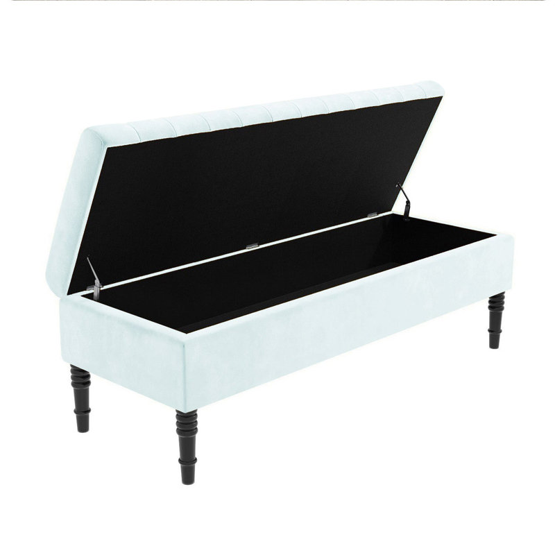 Safar Striped Ottoman Storage Bench – Upholstery Plush Velvet Shoe Bench with Black Turned Wooden Legs, White
