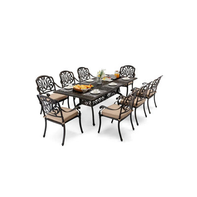 9 Outdoor Dining Set Cast Aluminum Retro Patio Dining Set For 8 Includes 86.6’’ Rectangular Table And 8 Chairs With Cushion And Umbrella Hole For Pati