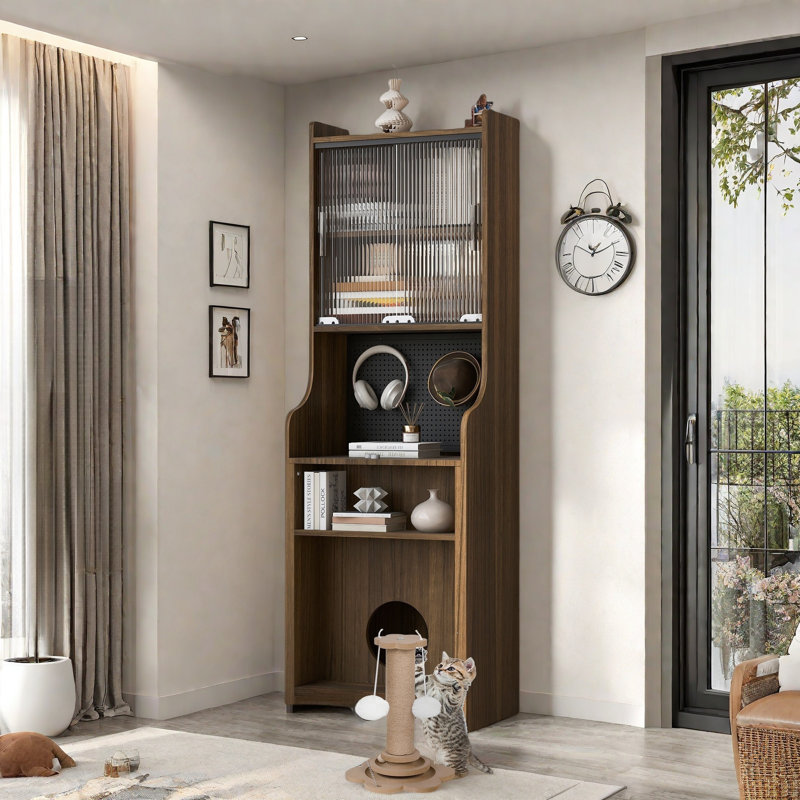 Mid-century Multi-use Extenable Cabinet Desk With Storage Peg Board, Storage Cabinet With Sliding Glass Doors, Led Light, Free Cat Cushion And Cat Toy
