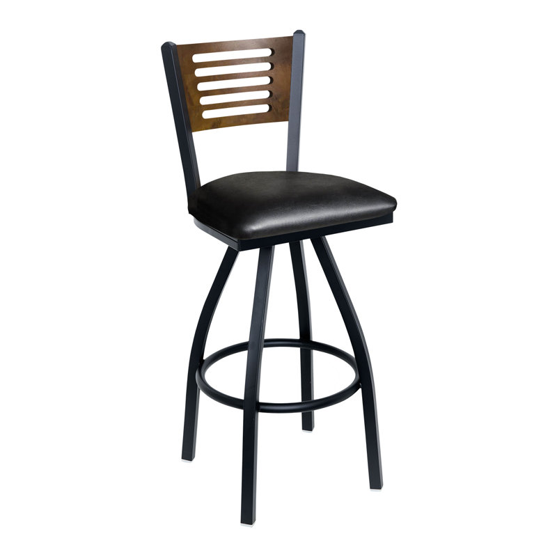 Espy Slotted Wood Back Swivel Barstool - Walnut Back - Quick Ship Black Vinyl Seat - Steel Frame - Sand Black Finish