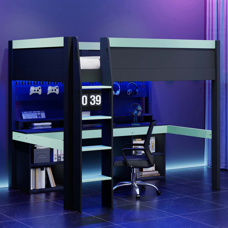 Lit mezzanine multifonctionnel avec ambiance DEL et rangement perforé, Noir; Bleu