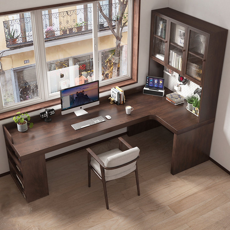 Bureau en L entièrement en bois massif avec bibliothèque intégrée, H 72,83 po x l 70,87 po x P 47,24 po
