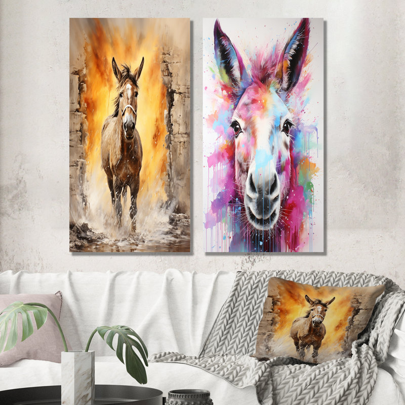 «Expressionist Donkey Pasture Dance II - Donkey», ensemble de 2 reproductions d'art sur toile, Toile tendue
