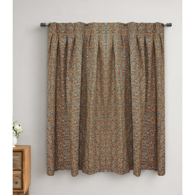 Natural Handcrafted Pleated Curtain – Saraswati Brown,Blue Lien Block Print, Light Filtering Window Drapes, 54" W X 108" L