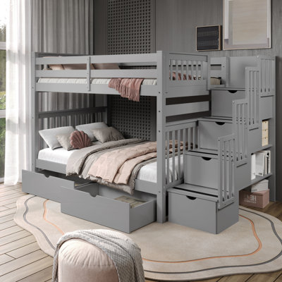 Tena Solid Wood Standard Stairway Bunk Beds Full over Full, 4 Drawers in the Steps, 2 Under-Bed Drawers, Gray