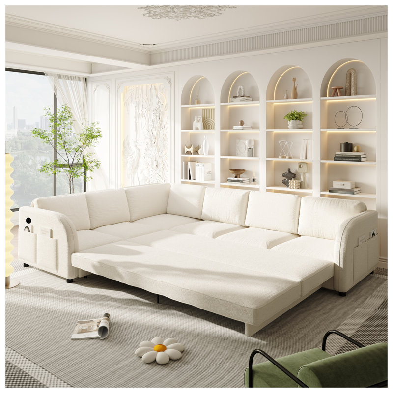 Canapé d'angle convertible de 293 cm (115,2 po) avec lit gigogne, revêtement en polaire sherpa, méridienne réversible, port USB et poche latérale, beige/blanc