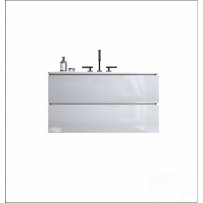 Meuble-lavabo mural blanc brillant de 36 po avec lavabo en céramique et trois trous de robinet, grand meuble-lavabo flottant de rangement pour salle de bain moderne, pré-assemblé
