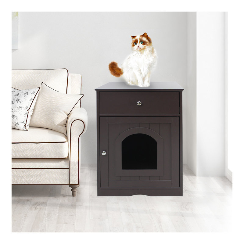 Enceinte en bois pour litière pour chat avec tiroir, table d'appoint, cage intérieure pour animal, table de chevet pour chat (brun)