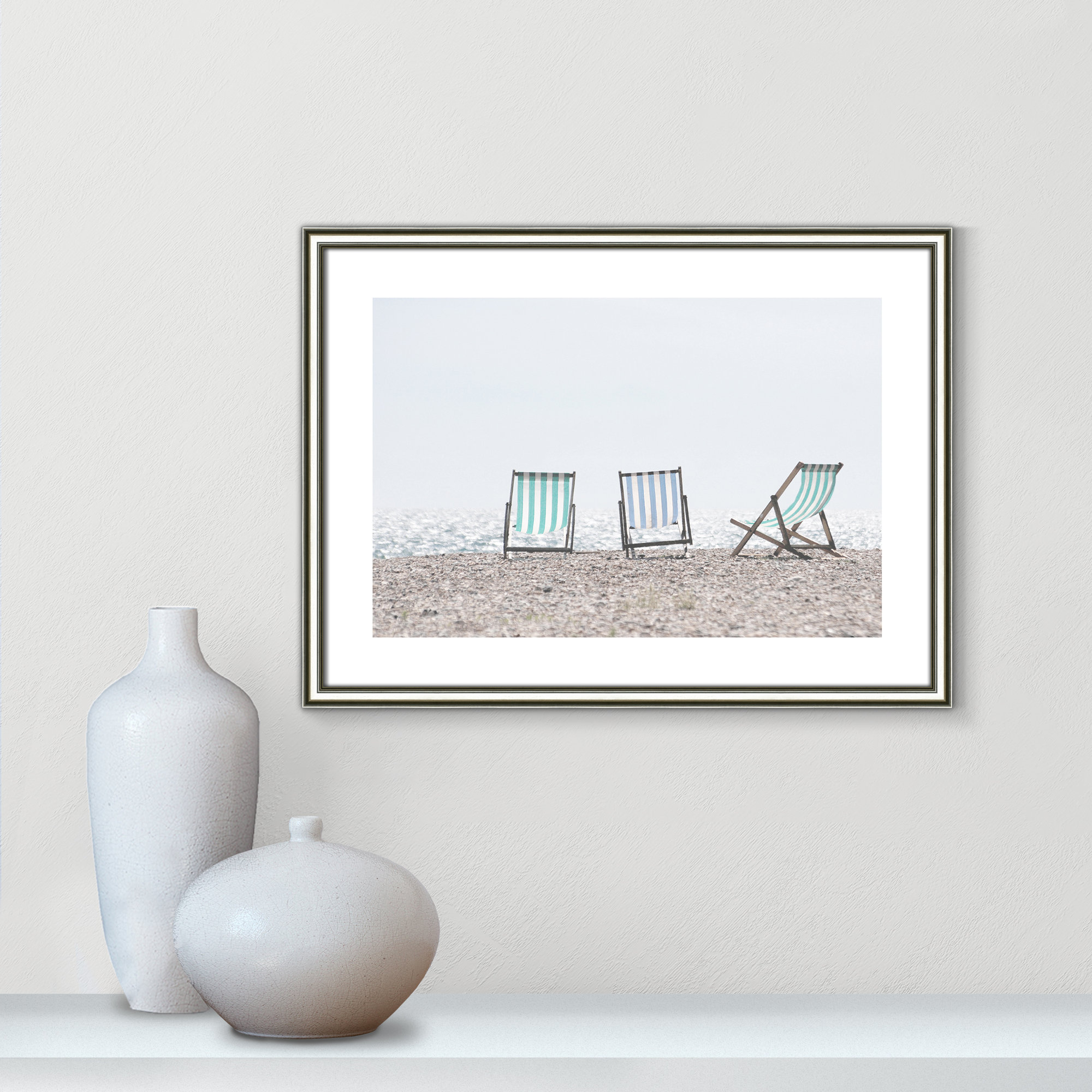 Beach Chairs - Photograph Print, 16" H x 19" W x 0.875" D, Silver Framed Paper