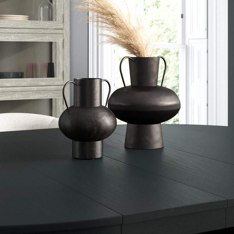 Kalalou Waxed Black Metal Urns with Handles – 14.5"H Decorative Contemporary Vessels, Set of Two