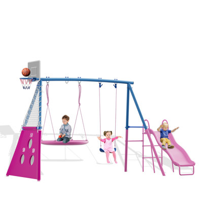 Heavy-Duty Metal Swing Set for Kids 5 in 1 with Slide, Saucer Swing, Belt Swing, Soccer Goals and Basketball Hoop