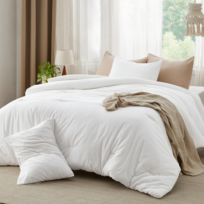 Bedsure Pre-washed Comforter Set with 100% Cotton Outer Covert, White, Queen Comforter + 2 Additional Pieces