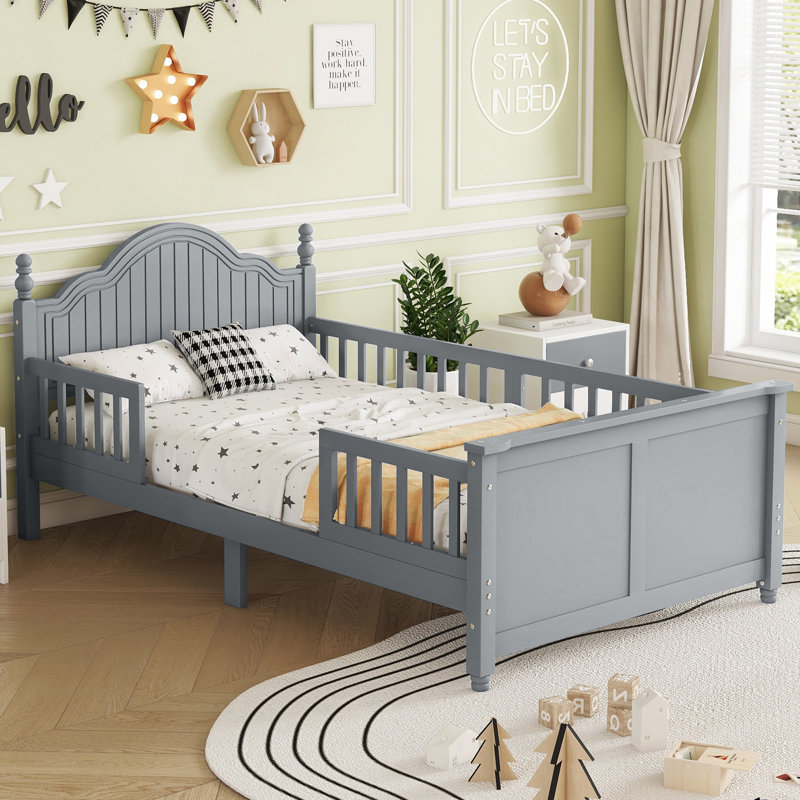 Twin Size Bed For Kids, Wood Twin Platform Bed with Headboard, Footboard, and Safety Guardrails, Gray, Gray, Twin
