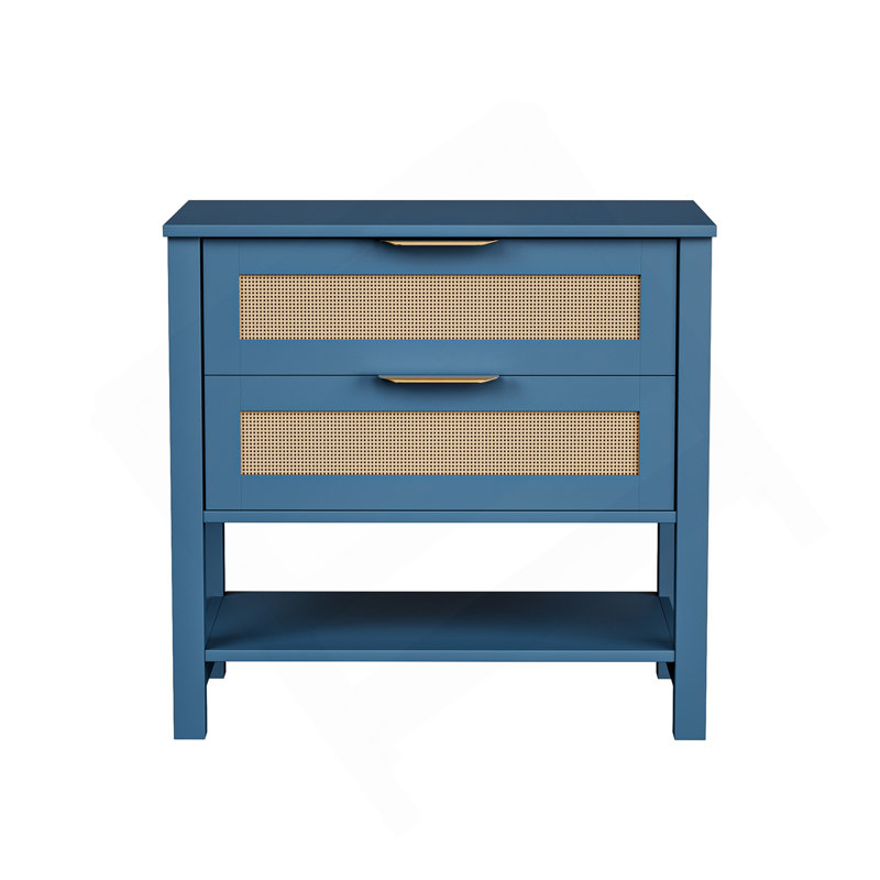 Table de chevet étroite en rotin avec 2 tiroirs et tablette de rangement Boho, Turquoise