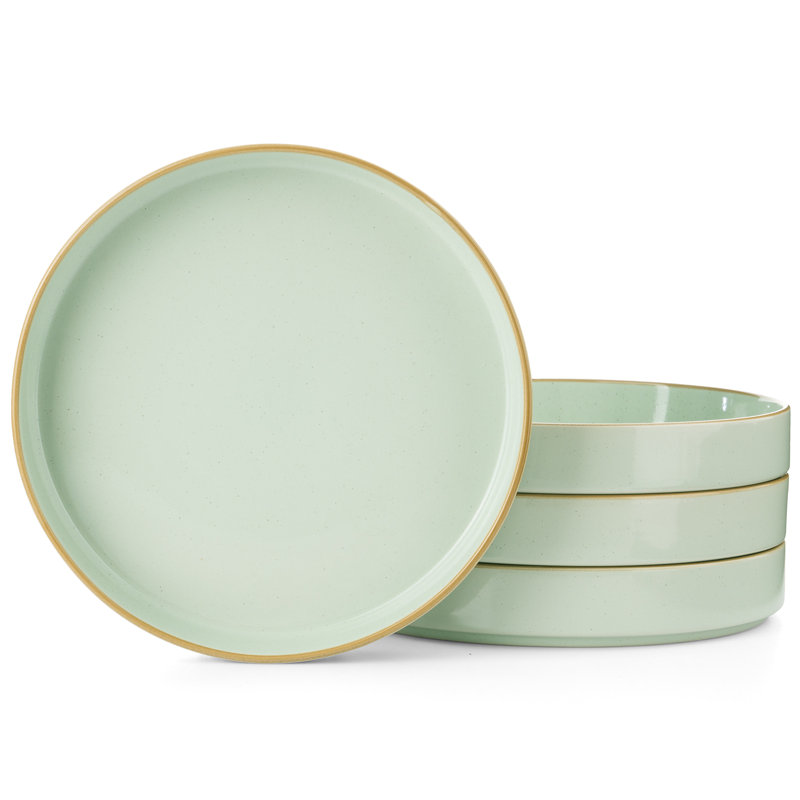  Nebula 4-Piece Stoneware Pasta Bowl Set, Light Green with Brown Rim