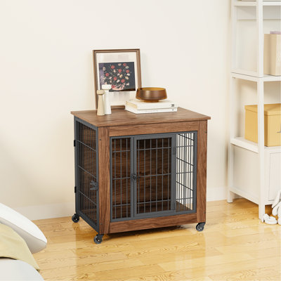 Meuble pour cage 27,2 po avec roulettes pour petits chiens, chenil en métal robuste à double porte pour l'intérieur, table de bout pour cage en bois pour animal de compagnie, facile à nettoyer et en acier sécuritaire