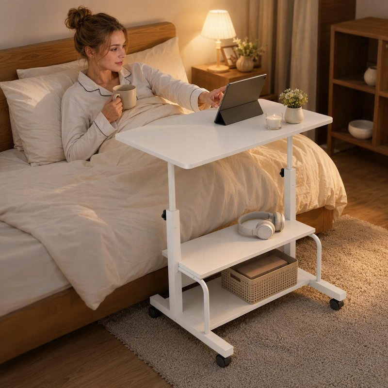 Bureau mobile à hauteur ajustable, table d'appoint debout blanche avec tablettes de rangement doubles