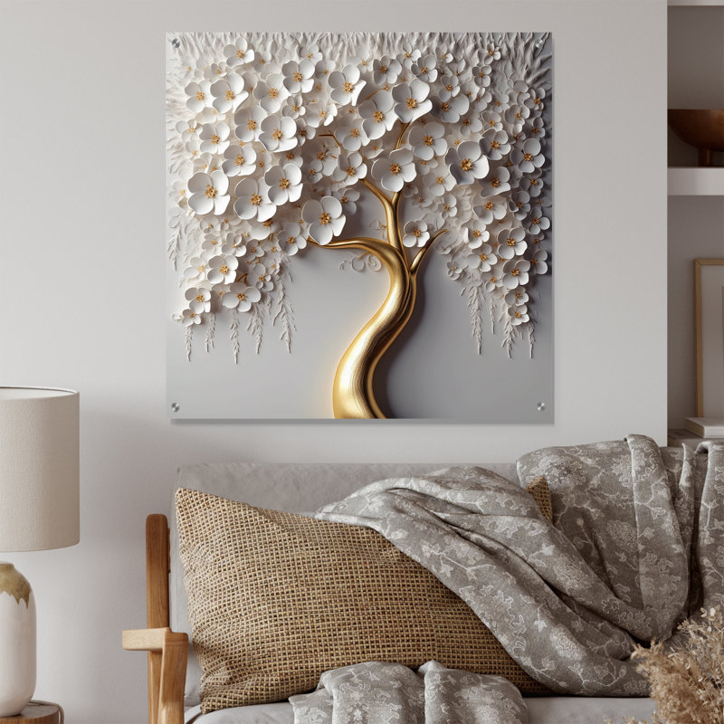 Orchidée blanche, jardin de branches, art mural floral en acrylique pour salon, H 16 po x l 16 po