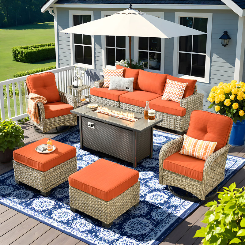 Carolle 9-Piece Outdoor Patio Furniture with fire pit,All-Weather 7-Person Pe Wicker Outdoor Conversation Set, Patio Couch Swivel Rocker Chairs With Solar Powered Coffee Tables For Backyard,Poolside,Deck
