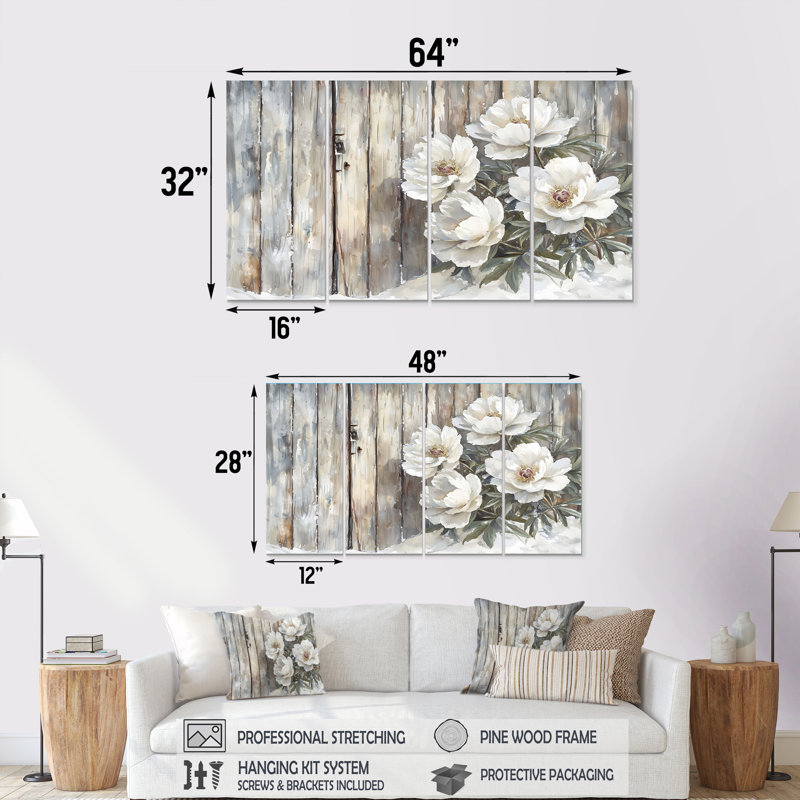 Pe pivoines par The Icy Barn Dor - By - art mural traditionnel pour le salon, 4, H 32 po x l 64 po