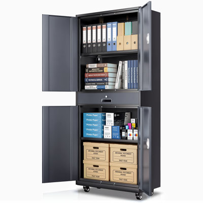 73" Metal Storage Cabinet, Garage Storage Organizer with Wheels, Locking Doors, Drawer and Adjustable Shelves